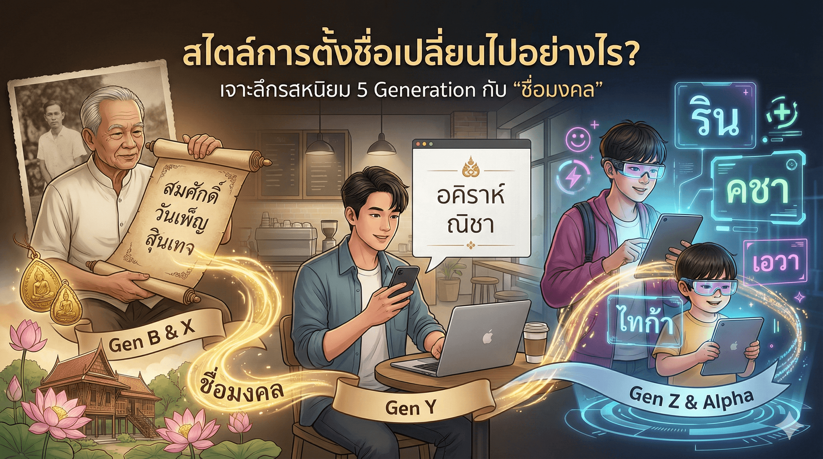 ภาพหน้าปอบทความ สไตล์การตั้งชื่อเปลี่ยนไปอย่างไร? เจาะลึกรสนิยม 5 Generation กับ "ชื่อมงคล" - บทความชื่อมงคล NameMongkol