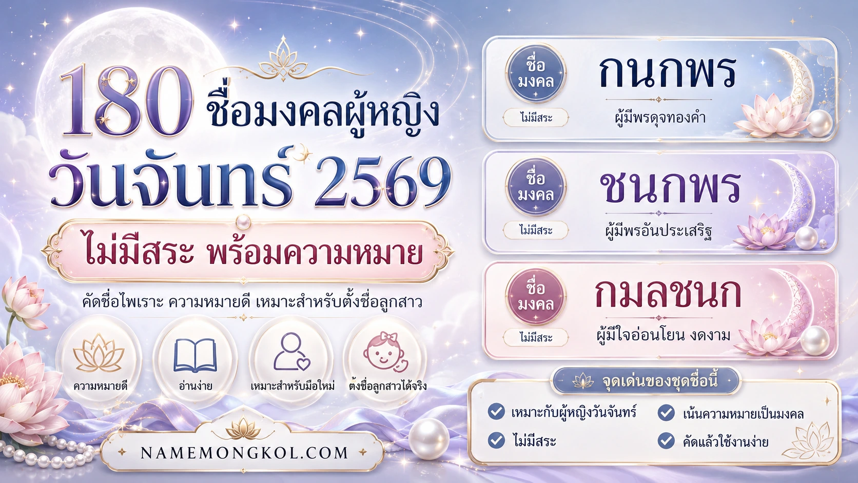 ชื่อมงคลผู้หญิงวันจันทร์ 2569 ไม่มีสระ พร้อมความหมาย