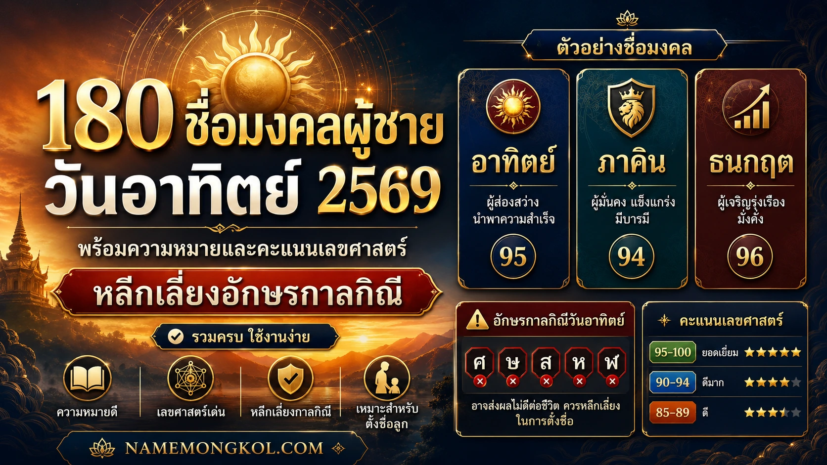 ชื่อมงคลผู้ชายวันอาทิตย์ 2569 หลีกเลี่ยงอักษรกาลกิณี